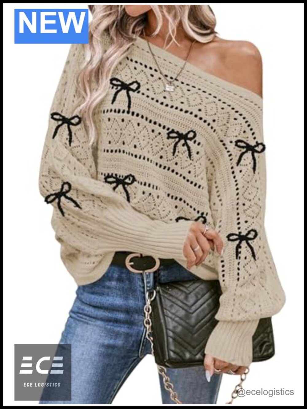 Off Shoulder Oversized Crochet Knit Sweater Batwing Sleeve Pullover
